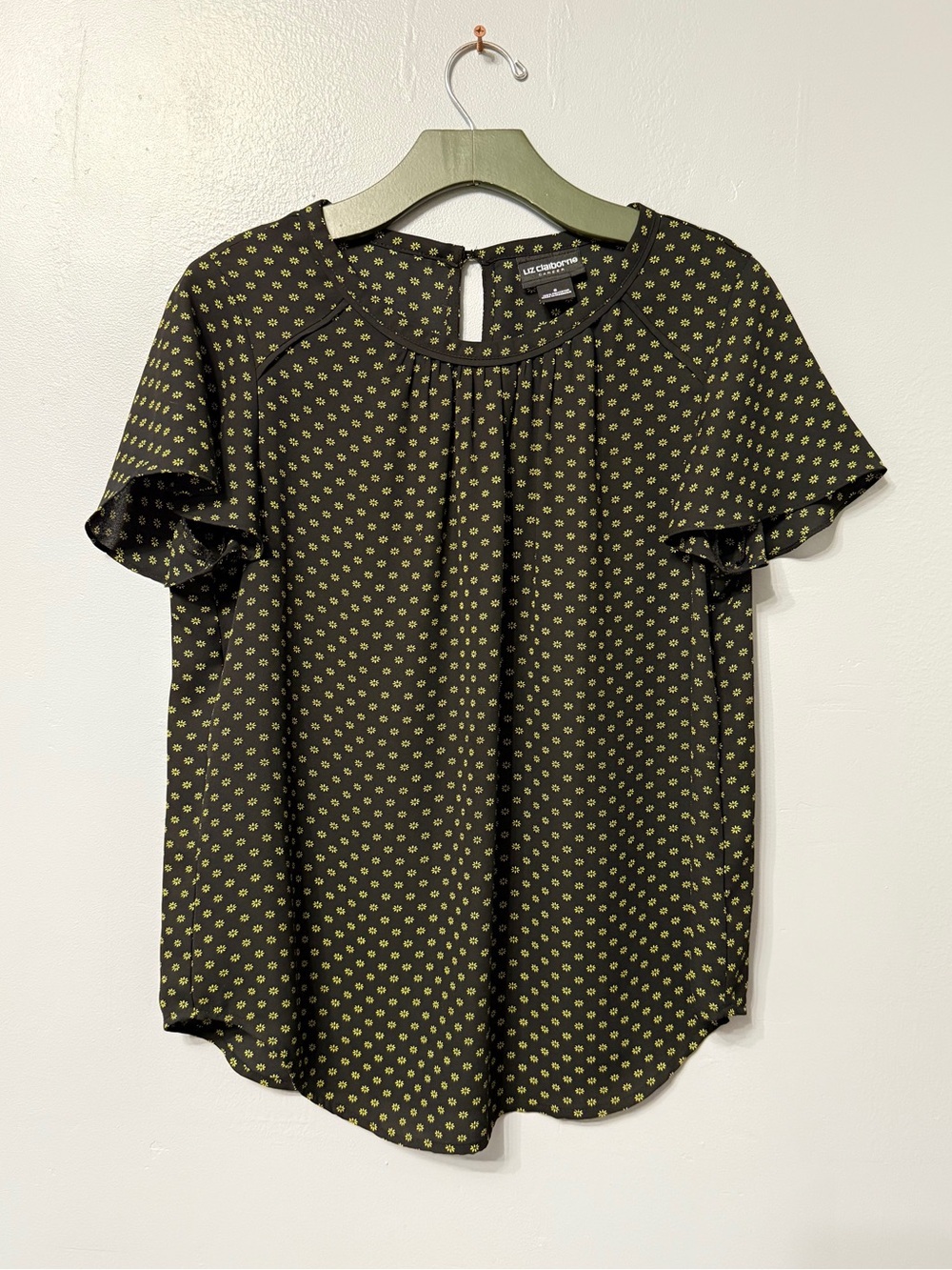 #13)  Liz Claiborne Black Blouse with Yellow Green Dot Print